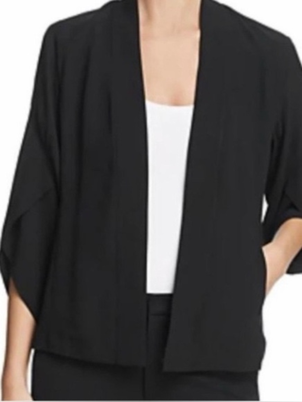 EILEEN FISHER 100% Silk Open Front Cardigan 3/4 Tulip Sleeves Pockets Minimalist